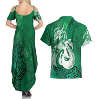 New Zealand Matariki Couples Matching Summer Maxi Dress and Hawaiian Shirt Maori Manaia Galaxy Silver Fern Green Color LT22 - Polynesian Pride