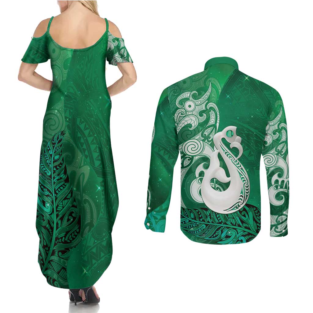 New Zealand Matariki Couples Matching Summer Maxi Dress and Long Sleeve Button Shirt Maori Manaia Galaxy Silver Fern Green Color LT22 - Polynesian Pride
