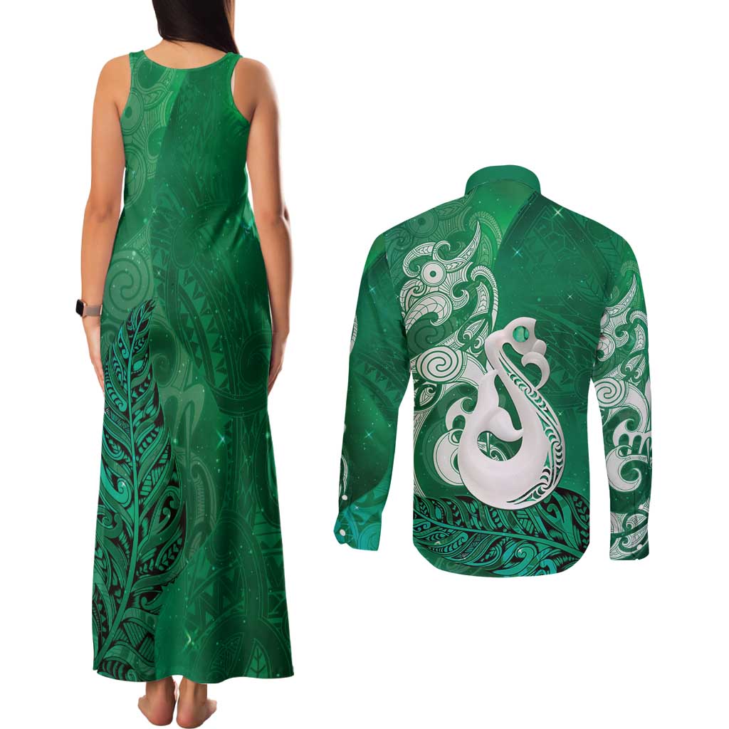 New Zealand Matariki Couples Matching Tank Maxi Dress and Long Sleeve Button Shirt Maori Manaia Galaxy Silver Fern Green Color LT22 - Polynesian Pride