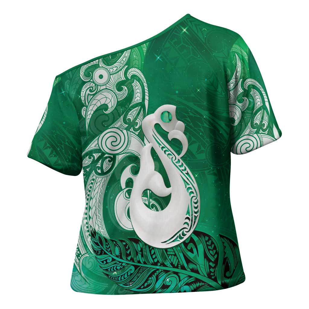 New Zealand Matariki Cross Shoulder Shirt Maori Manaia Galaxy Silver Fern Green Color