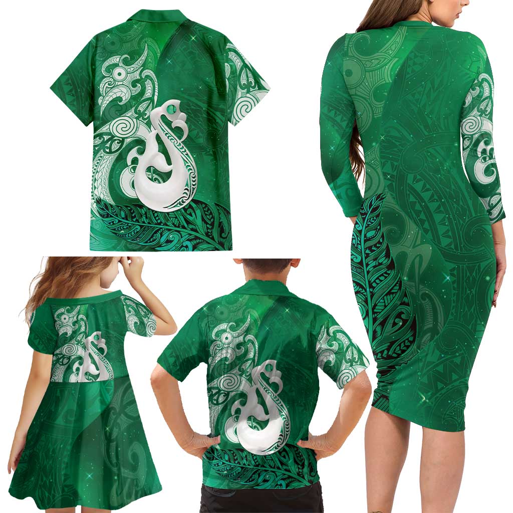 New Zealand Matariki Family Matching Long Sleeve Bodycon Dress and Hawaiian Shirt Maori Manaia Galaxy Silver Fern Green Color LT22 - Polynesian Pride