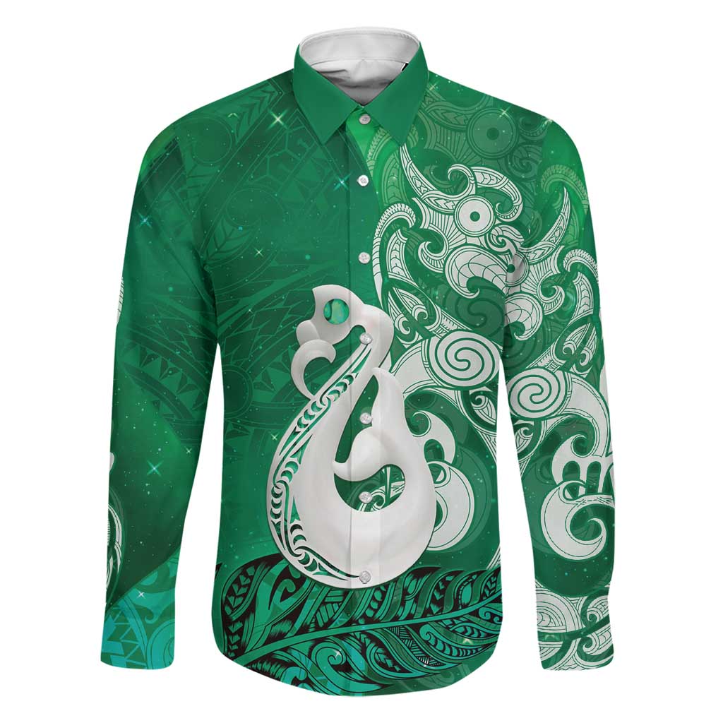 New Zealand Matariki Family Matching Long Sleeve Bodycon Dress and Hawaiian Shirt Maori Manaia Galaxy Silver Fern Green Color LT22 Dad's Shirt - Long Sleeve Green - Polynesian Pride