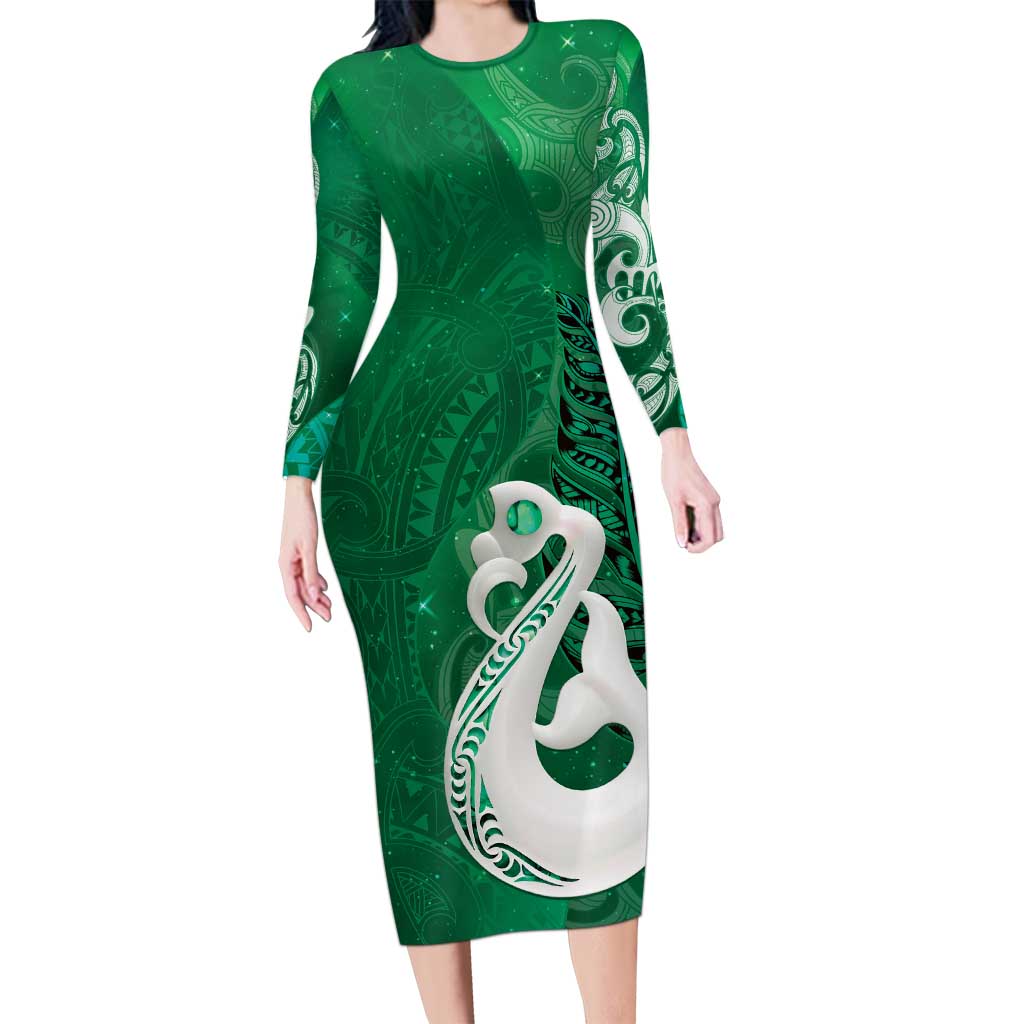 New Zealand Matariki Family Matching Long Sleeve Bodycon Dress and Hawaiian Shirt Maori Manaia Galaxy Silver Fern Green Color LT22 Mom's Dress Green - Polynesian Pride