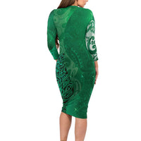 New Zealand Matariki Family Matching Long Sleeve Bodycon Dress and Hawaiian Shirt Maori Manaia Galaxy Silver Fern Green Color LT22 - Polynesian Pride