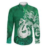 New Zealand Matariki Family Matching Mermaid Dress and Hawaiian Shirt Maori Manaia Galaxy Silver Fern Green Color LT22 Dad's Shirt - Long Sleeve Green - Polynesian Pride