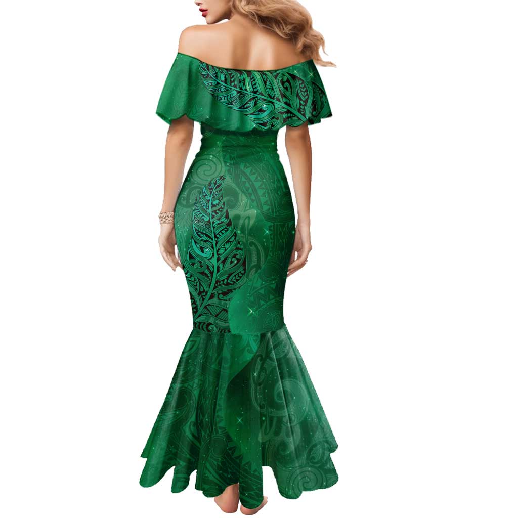 New Zealand Matariki Family Matching Mermaid Dress and Hawaiian Shirt Maori Manaia Galaxy Silver Fern Green Color LT22 - Polynesian Pride