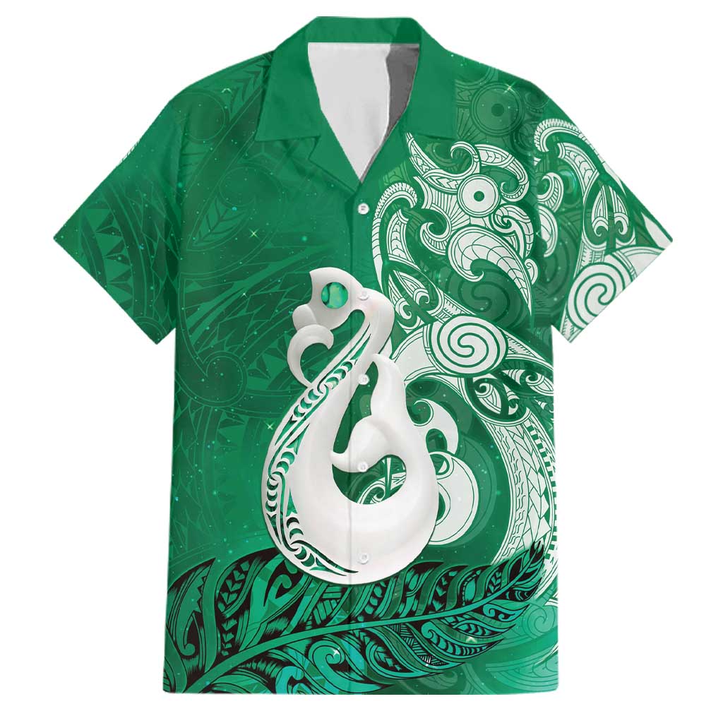 New Zealand Matariki Family Matching Off Shoulder Short Dress and Hawaiian Shirt Maori Manaia Galaxy Silver Fern Green Color LT22 Dad's Shirt - Short Sleeve Green - Polynesian Pride