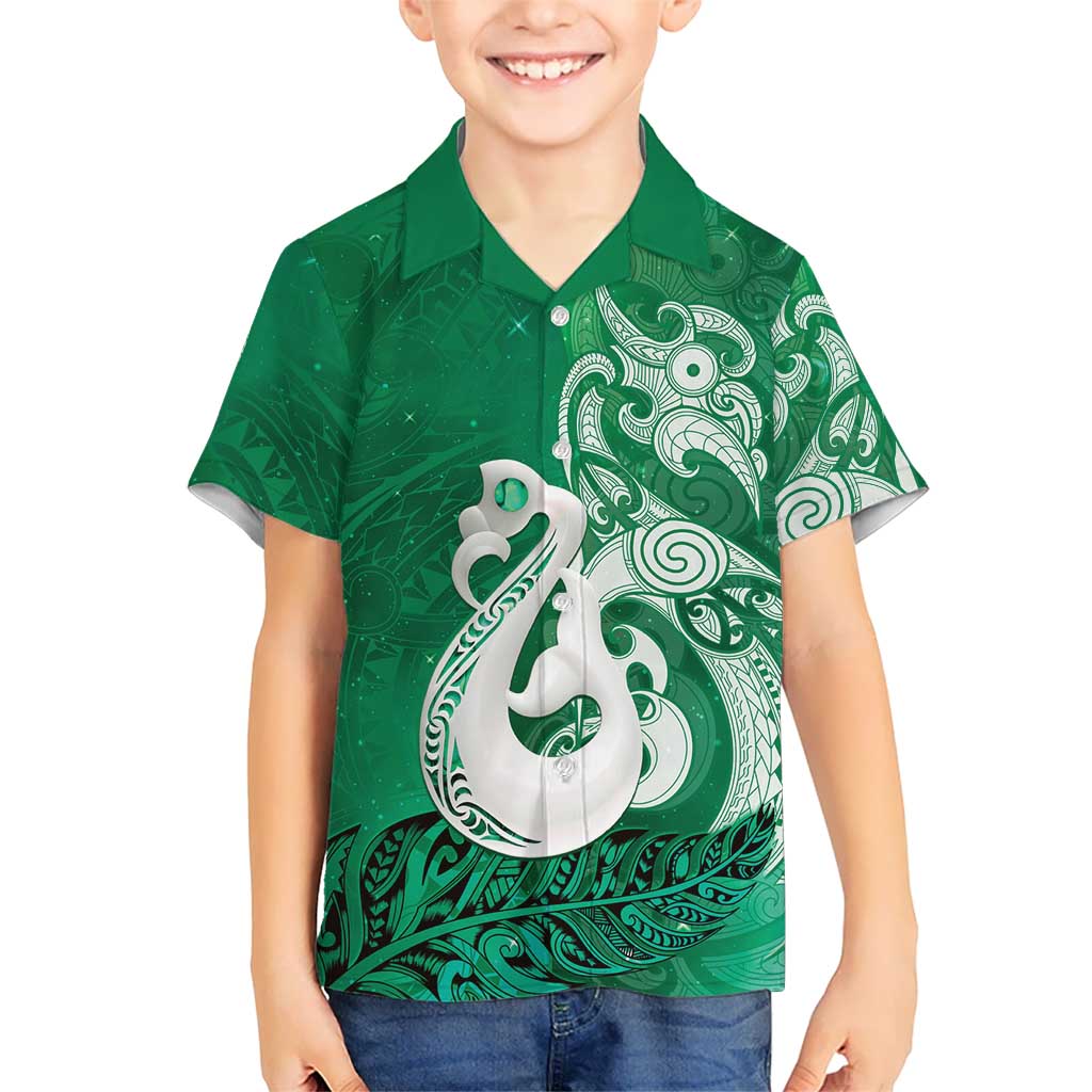 New Zealand Matariki Family Matching Off Shoulder Short Dress and Hawaiian Shirt Maori Manaia Galaxy Silver Fern Green Color LT22 Son's Shirt Green - Polynesian Pride