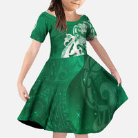 New Zealand Matariki Family Matching Puletasi and Hawaiian Shirt Maori Manaia Galaxy Silver Fern Green Color LT22 Daughter's Dress Green - Polynesian Pride