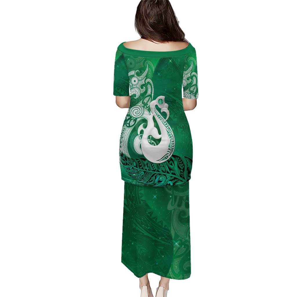 New Zealand Matariki Family Matching Puletasi and Hawaiian Shirt Maori Manaia Galaxy Silver Fern Green Color LT22 - Polynesian Pride