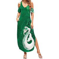 New Zealand Matariki Family Matching Summer Maxi Dress and Hawaiian Shirt Maori Manaia Galaxy Silver Fern Green Color LT22 Mom's Dress Green - Polynesian Pride