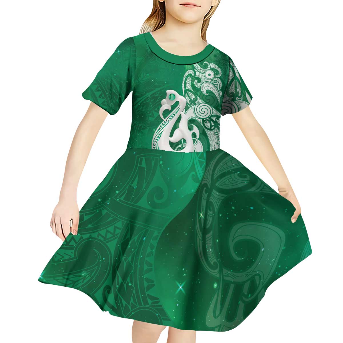 New Zealand Matariki Kid Short Sleeve Dress Maori Manaia Galaxy Silver Fern Green Color LT22 - Polynesian Pride