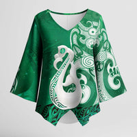 New Zealand Matariki Kimono Sleeve Blouse Maori Manaia Galaxy Silver Fern Green Color
