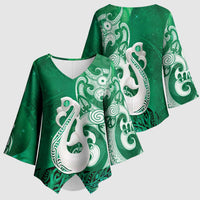 New Zealand Matariki Kimono Sleeve Blouse Maori Manaia Galaxy Silver Fern Green Color