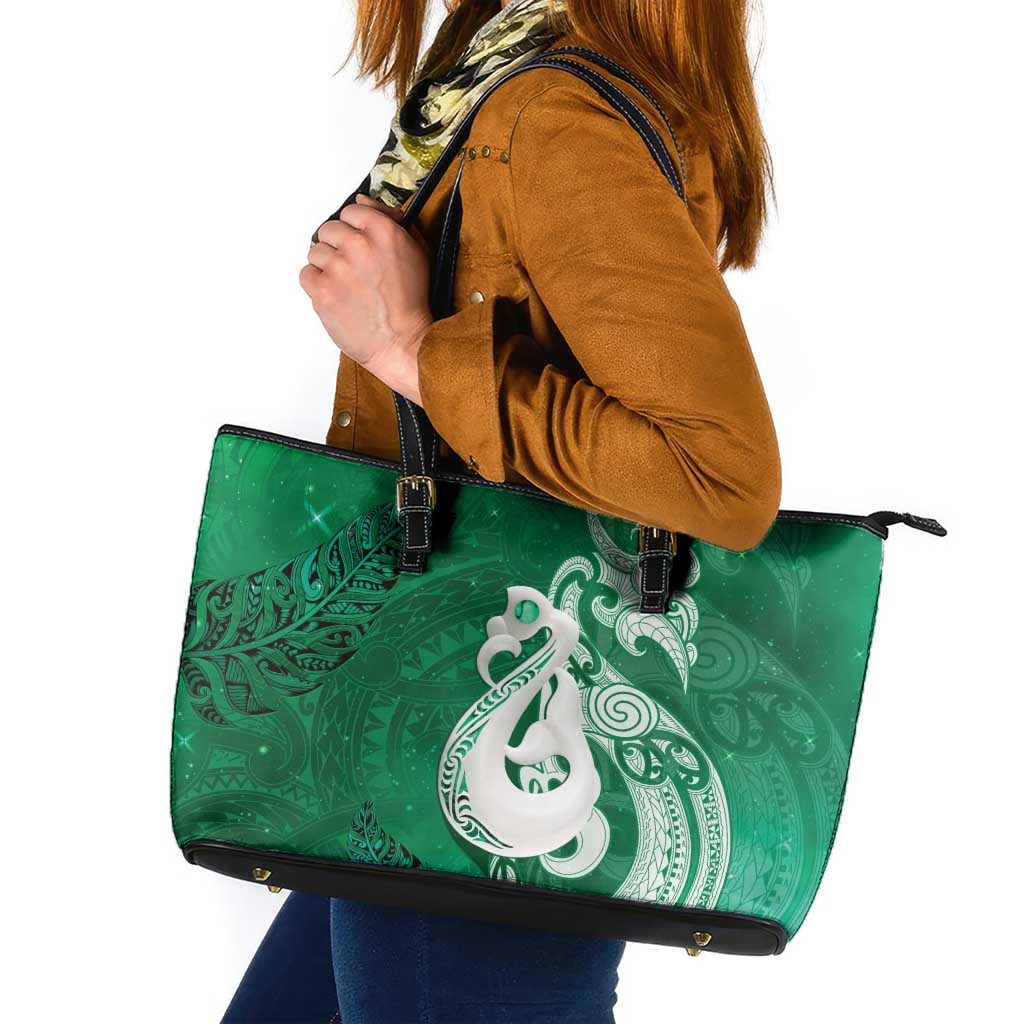 New Zealand Matariki Leather Tote Bag Maori Manaia Galaxy Silver Fern Green Color LT22 Green - Polynesian Pride