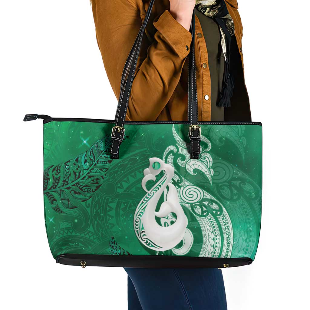 New Zealand Matariki Leather Tote Bag Maori Manaia Galaxy Silver Fern Green Color LT22 - Polynesian Pride