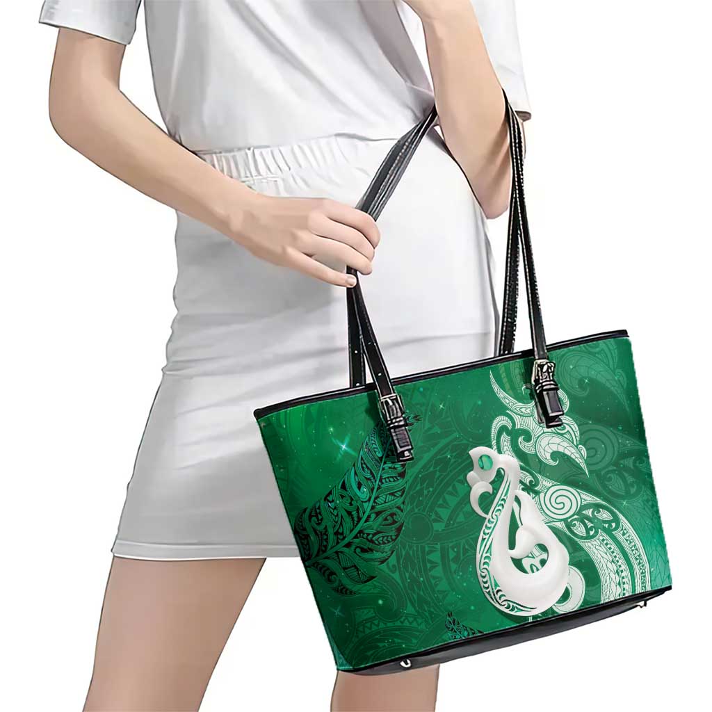 New Zealand Matariki Leather Tote Bag Maori Manaia Galaxy Silver Fern Green Color LT22 - Polynesian Pride