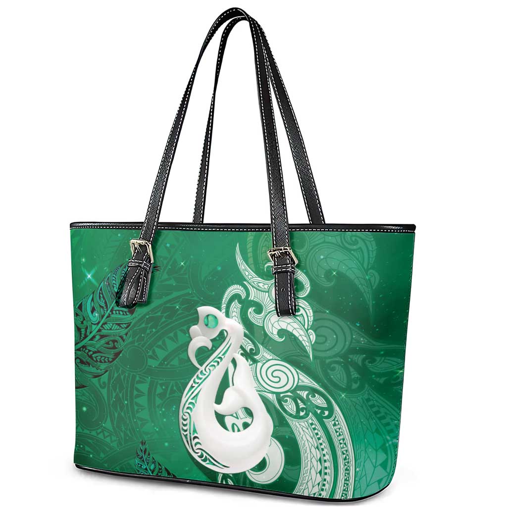 New Zealand Matariki Leather Tote Bag Maori Manaia Galaxy Silver Fern Green Color LT22 - Polynesian Pride