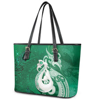 New Zealand Matariki Leather Tote Bag Maori Manaia Galaxy Silver Fern Green Color LT22 - Polynesian Pride