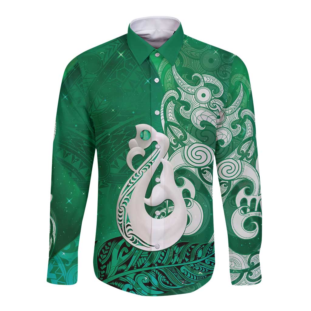 New Zealand Matariki Long Sleeve Button Shirt Maori Manaia Galaxy Silver Fern Green Color