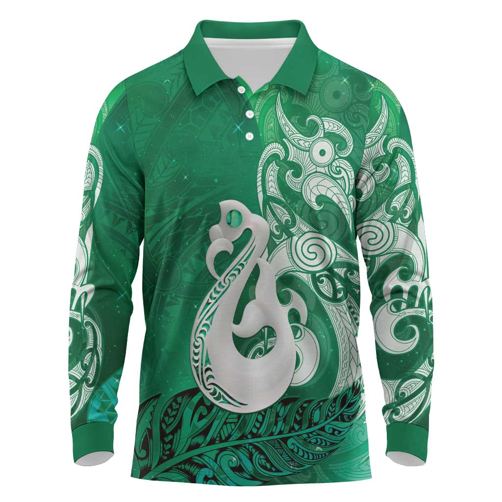 New Zealand Matariki Long Sleeve Polo Shirt Maori Manaia Galaxy Silver Fern Green Color
