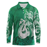 New Zealand Matariki Long Sleeve Polo Shirt Maori Manaia Galaxy Silver Fern Green Color LT22 Green - Polynesian Pride