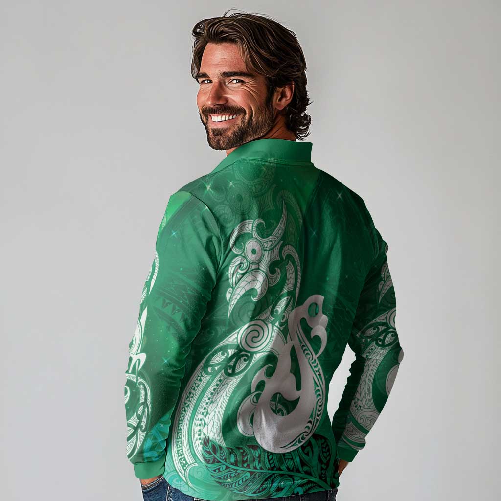 New Zealand Matariki Long Sleeve Polo Shirt Maori Manaia Galaxy Silver Fern Green Color LT22 - Polynesian Pride
