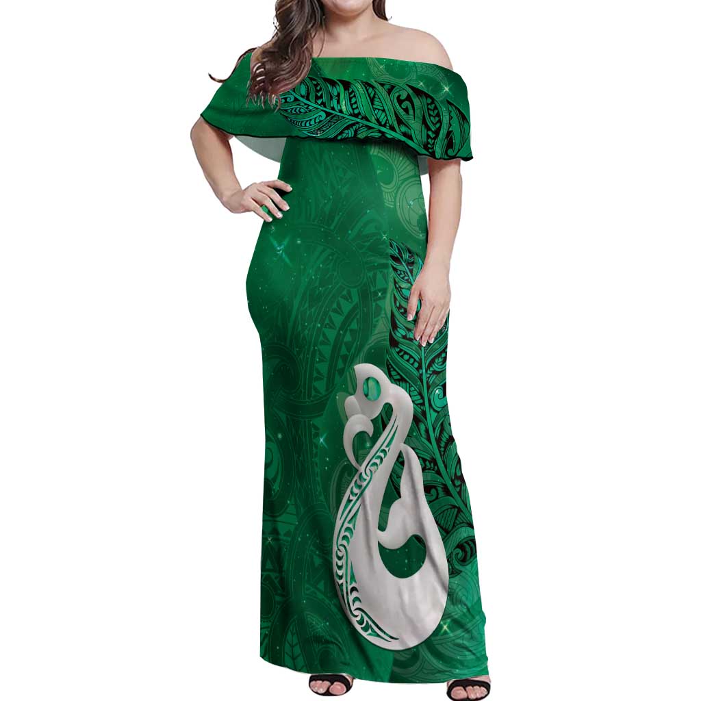 New Zealand Matariki Off Shoulder Maxi Dress Maori Manaia Galaxy Silver Fern Green Color LT22 Women Green - Polynesian Pride