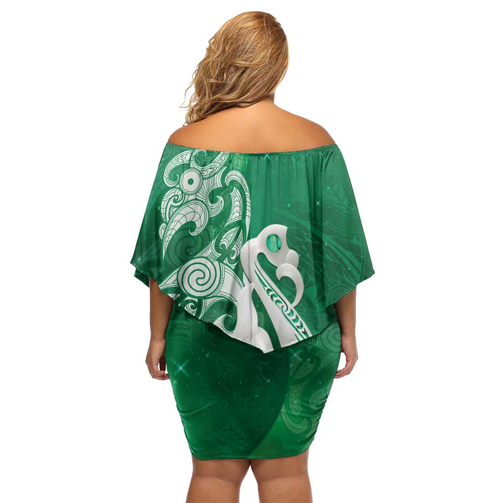New Zealand Matariki Off Shoulder Short Dress Maori Manaia Galaxy Silver Fern Green Color LT22 - Polynesian Pride