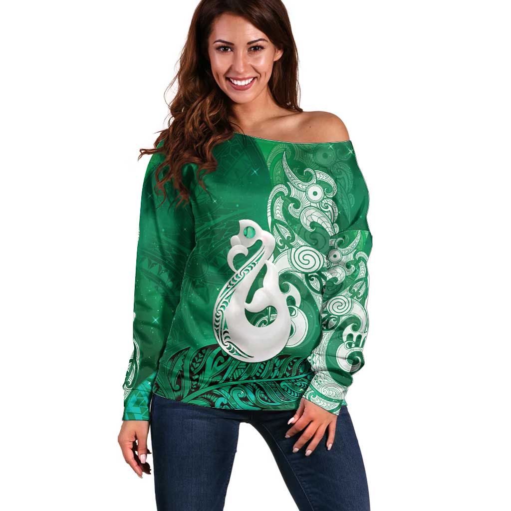 New Zealand Matariki Off Shoulder Sweater Maori Manaia Galaxy Silver Fern Green Color