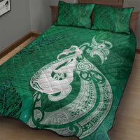 New Zealand Matariki Quilt Bed Set Maori Manaia Galaxy Silver Fern Green Color