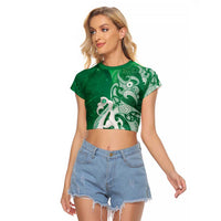 New Zealand Matariki Raglan Cropped T Shirt Maori Manaia Galaxy Silver Fern Green Color LT22 Female Green - Polynesian Pride