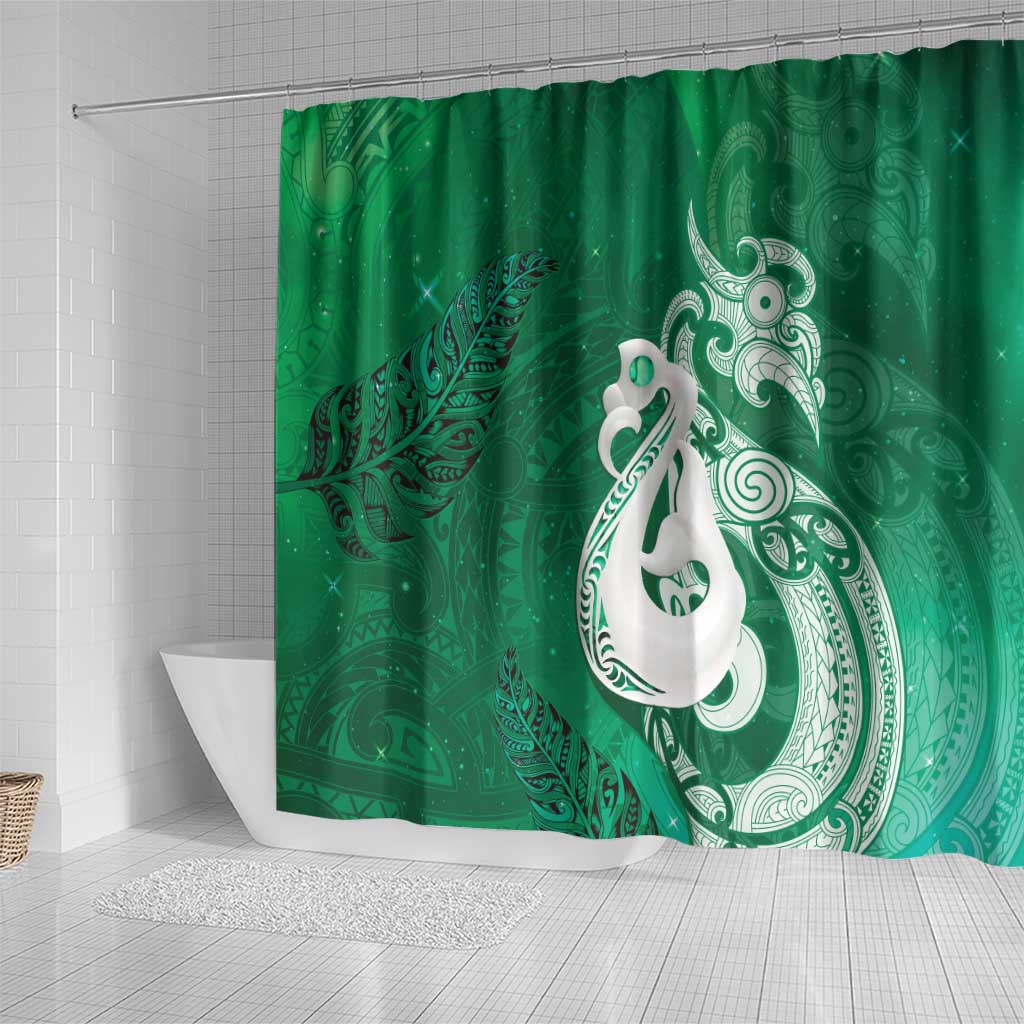 New Zealand Matariki Shower Curtain Maori Manaia Galaxy Silver Fern Green Color