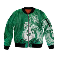 New Zealand Matariki Sleeve Zip Bomber Jacket Maori Manaia Galaxy Silver Fern Green Color
