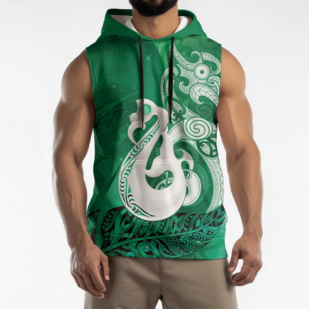 New Zealand Matariki Sleeveless Hoodie Maori Manaia Galaxy Silver Fern Green Color LT22 - Polynesian Pride
