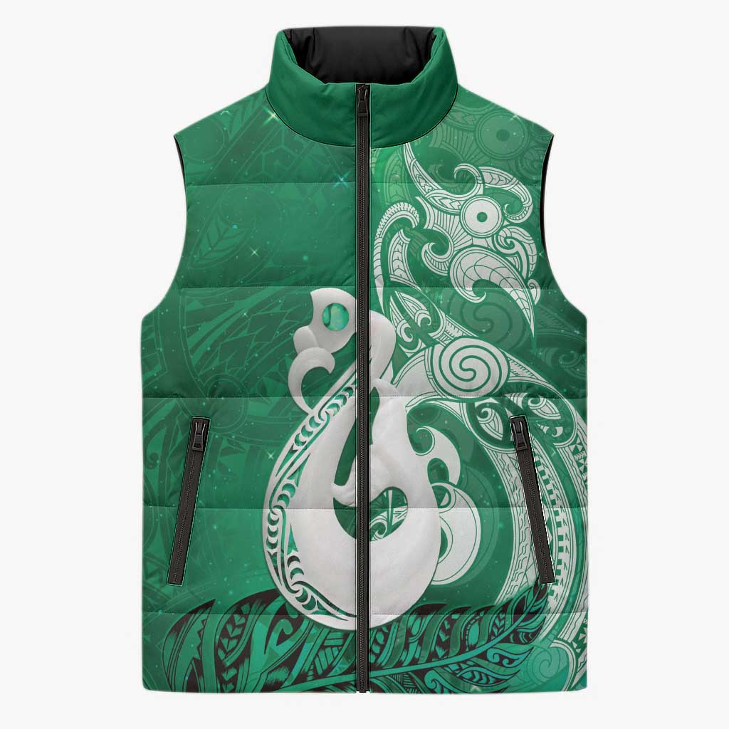 New Zealand Matariki Sleeveless Puffer Jacket Maori Manaia Galaxy Silver Fern Green Color