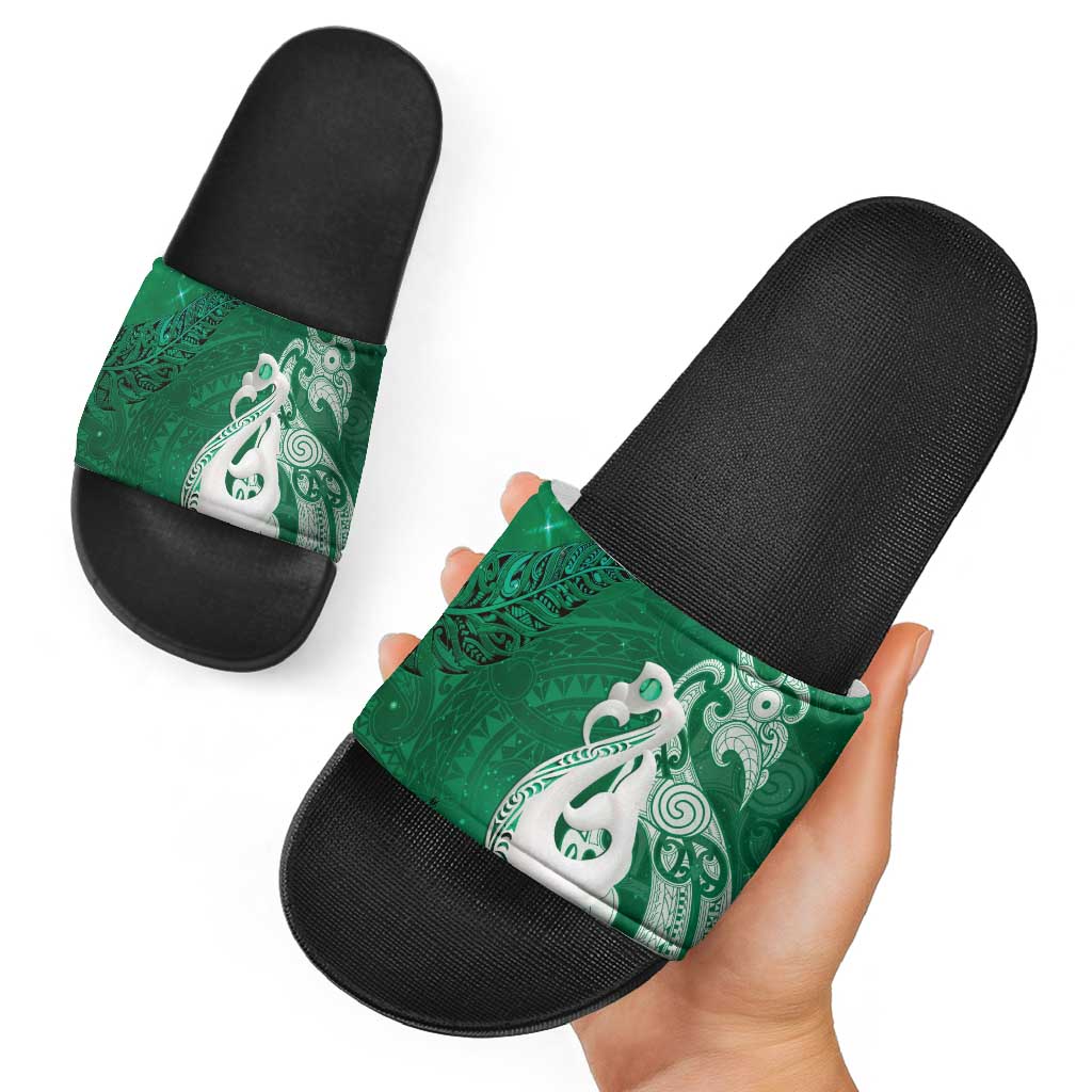 New Zealand Matariki Slide Sandals Maori Manaia Galaxy Silver Fern Green Color