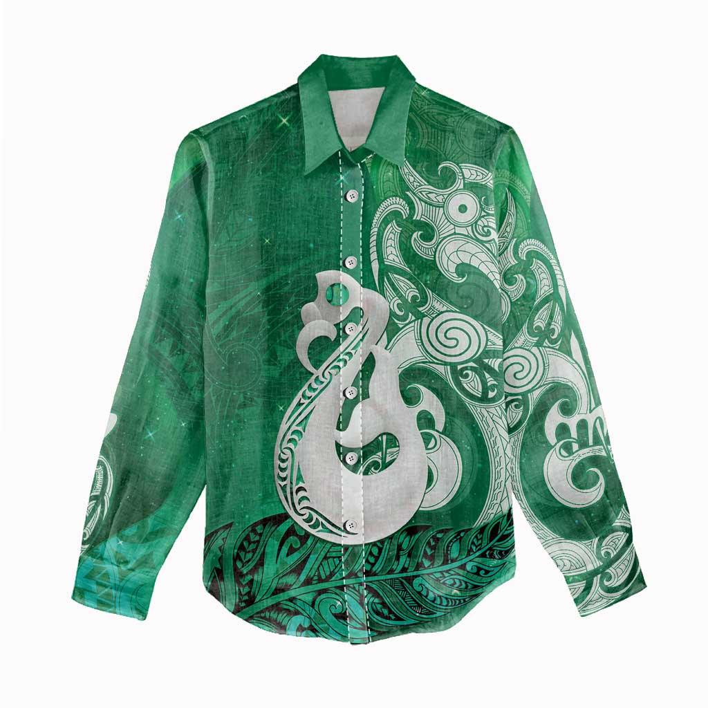 New Zealand Matariki Women Casual Shirt Maori Manaia Galaxy Silver Fern Green Color LT22 - Polynesian Pride