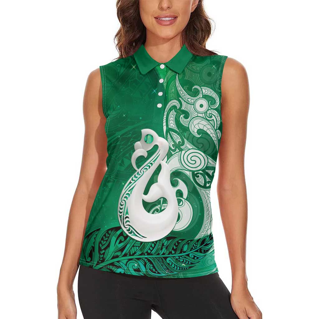 New Zealand Matariki Women Sleeveless Polo Shirt Maori Manaia Galaxy Silver Fern Green Color LT22 - Polynesian Pride