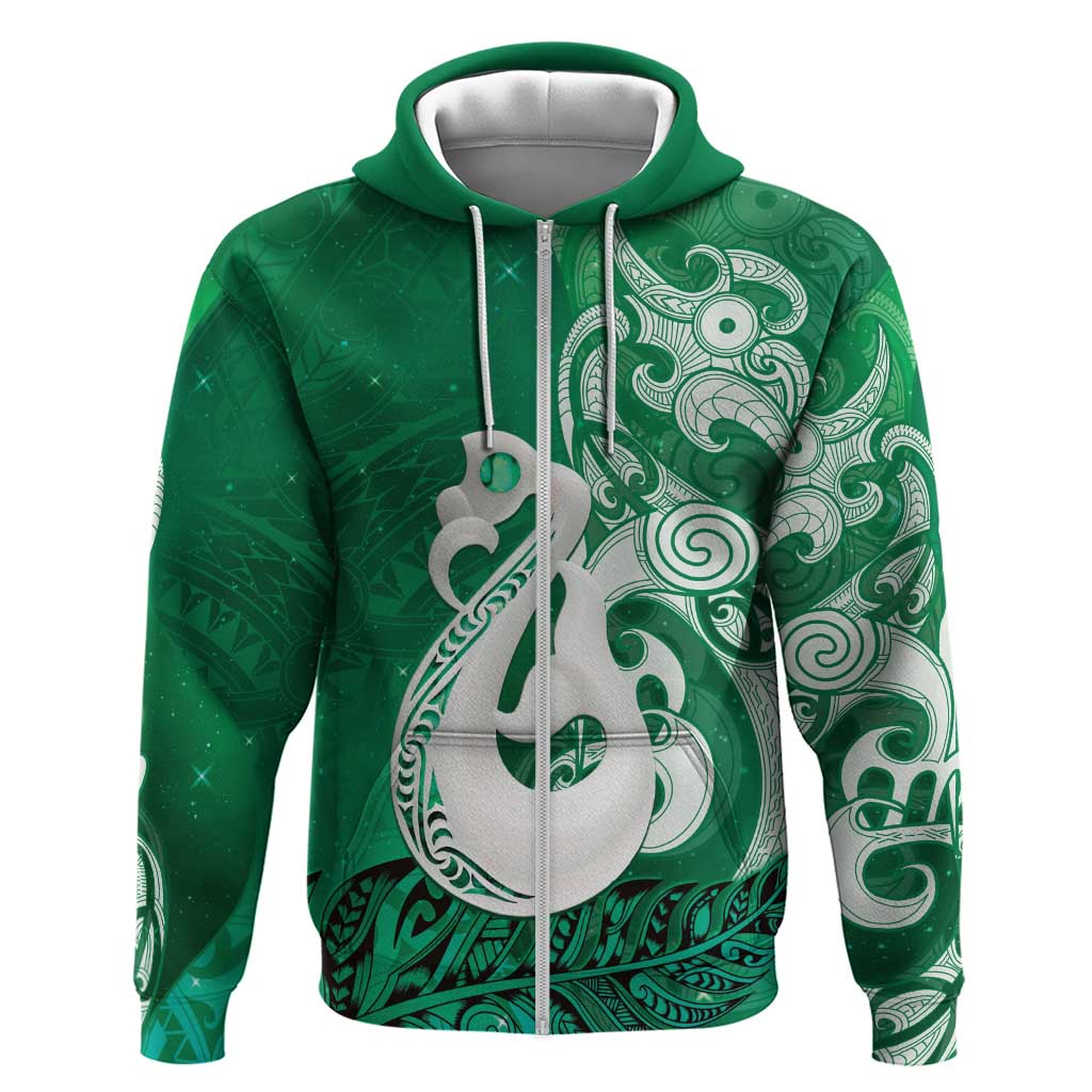 New Zealand Matariki Zip Hoodie Maori Manaia Galaxy Silver Fern Green Color LT22 Zip Hoodie Green - Polynesian Pride