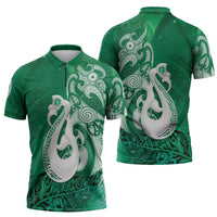New Zealand Matariki Zipper Polo Shirt Maori Manaia Galaxy Silver Fern Green Color LT22 - Polynesian Pride