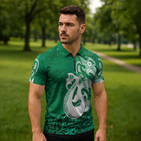 New Zealand Matariki Zipper Polo Shirt Maori Manaia Galaxy Silver Fern Green Color LT22 - Polynesian Pride