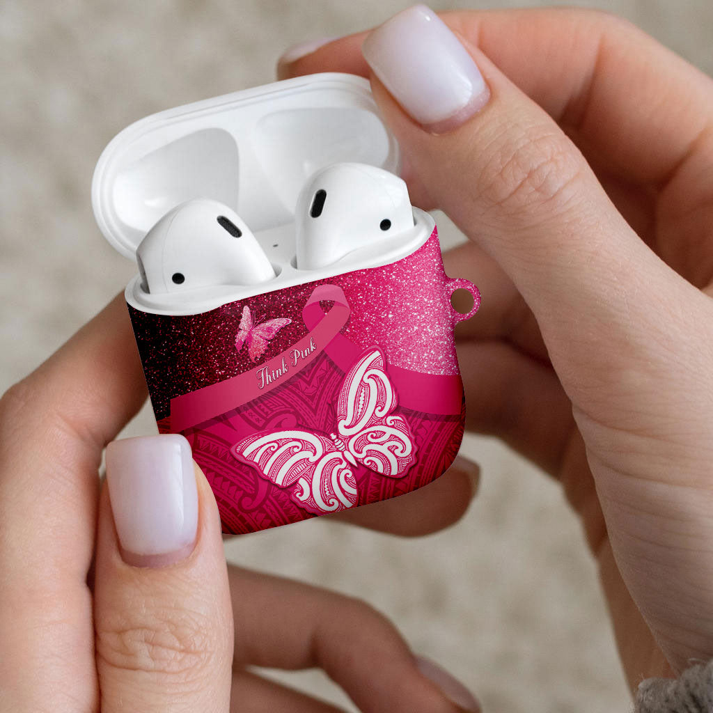 New Zealand Breast Cancer Awareness AirPods Case Pink Ribbon Butterfly Maori Pattern