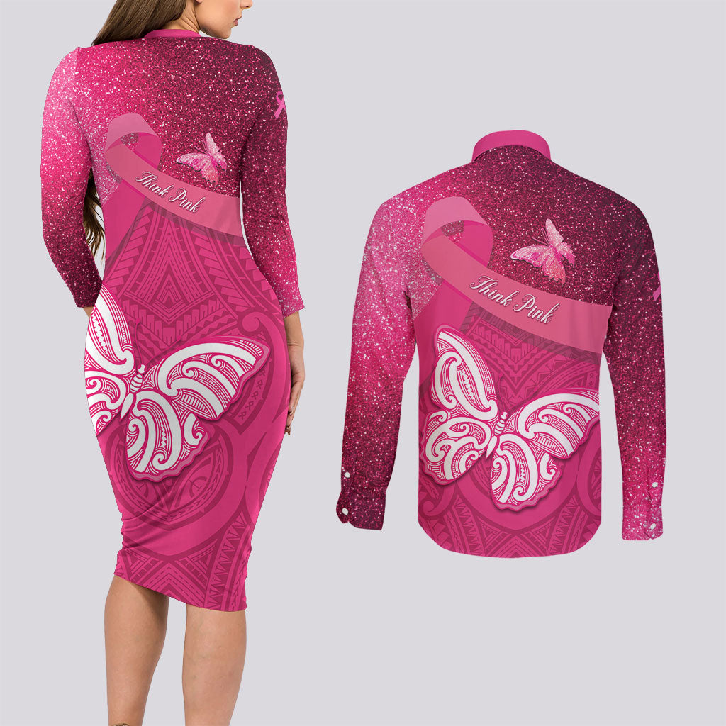 New Zealand Breast Cancer Awareness Couples Matching Long Sleeve Bodycon Dress and Long Sleeve Button Shirt Pink Ribbon Butterfly Maori Pattern LT22 - Polynesian Pride