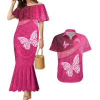 New Zealand Breast Cancer Awareness Couples Matching Mermaid Dress and Hawaiian Shirt Pink Ribbon Butterfly Maori Pattern LT22 Pink - Polynesian Pride