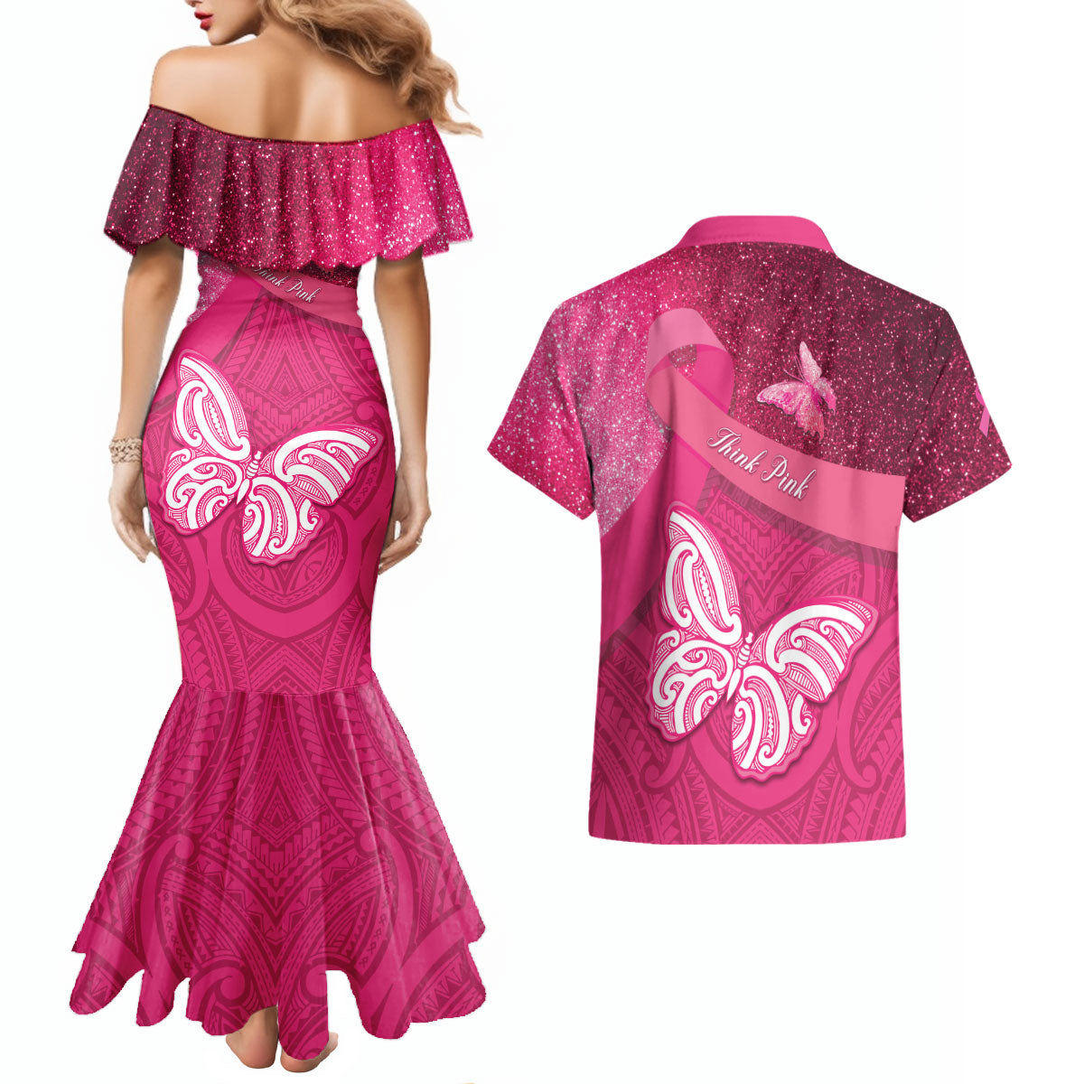 New Zealand Breast Cancer Awareness Couples Matching Mermaid Dress and Hawaiian Shirt Pink Ribbon Butterfly Maori Pattern LT22 - Polynesian Pride