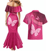 New Zealand Breast Cancer Awareness Couples Matching Mermaid Dress and Hawaiian Shirt Pink Ribbon Butterfly Maori Pattern LT22 - Polynesian Pride
