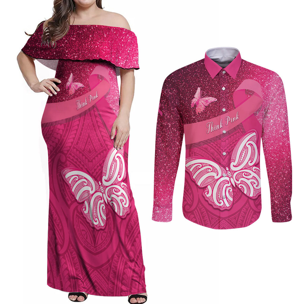 New Zealand Breast Cancer Awareness Couples Matching Off Shoulder Maxi Dress and Long Sleeve Button Shirt Pink Ribbon Butterfly Maori Pattern LT22 Pink - Polynesian Pride