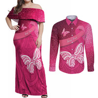 New Zealand Breast Cancer Awareness Couples Matching Off Shoulder Maxi Dress and Long Sleeve Button Shirt Pink Ribbon Butterfly Maori Pattern LT22 Pink - Polynesian Pride