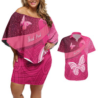 New Zealand Breast Cancer Awareness Couples Matching Off Shoulder Short Dress and Hawaiian Shirt Pink Ribbon Butterfly Maori Pattern LT22 Pink - Polynesian Pride